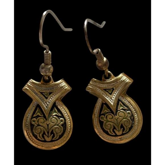 Spanish Castanets Double Sided Earrings Bar Brooch Guitar Dangle Set Damascene - Picture 5 of 7